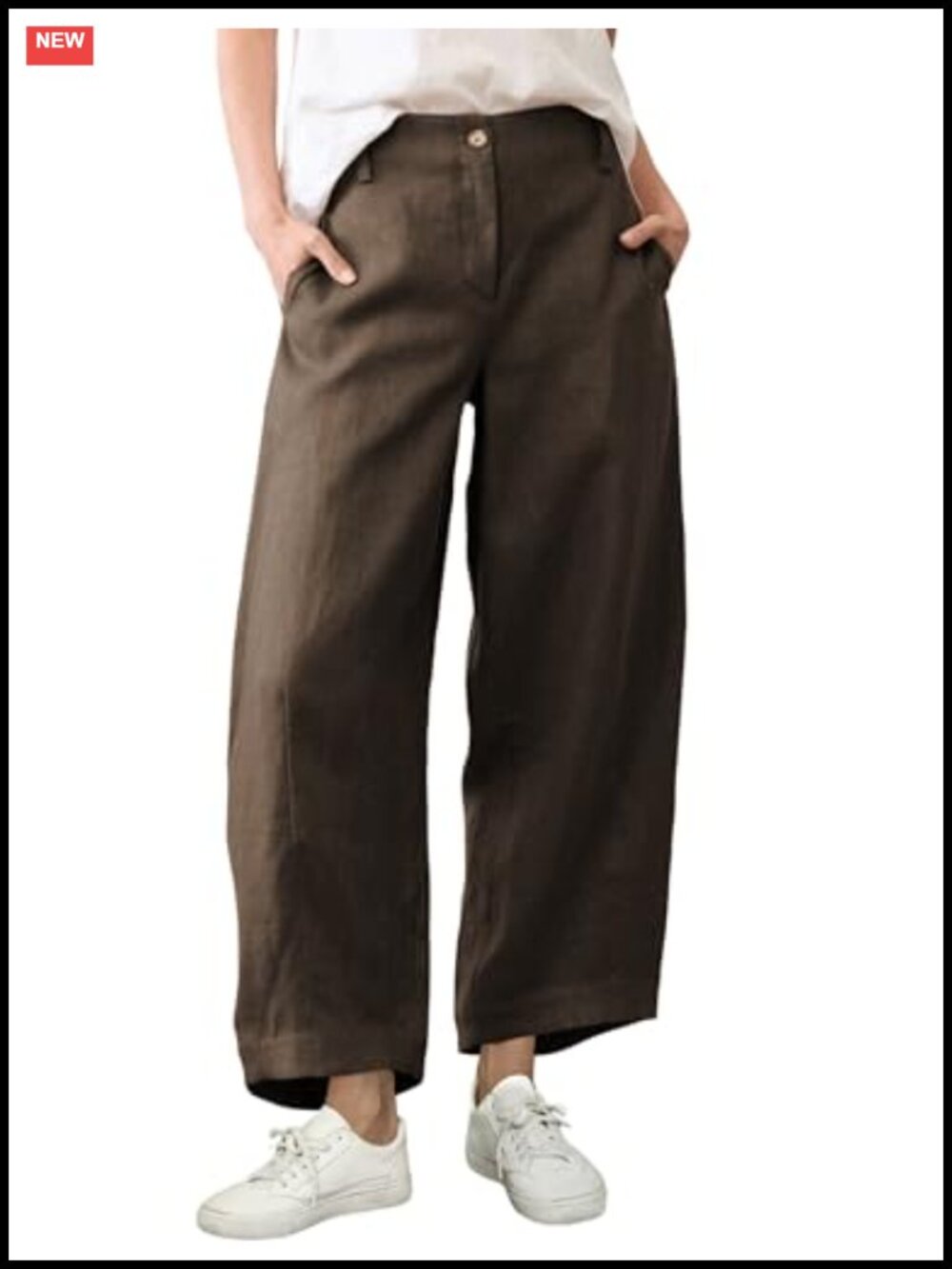 Wide Leg Linen Capri Pants Elastic Waist High Rise Beach Trousers with Pockets